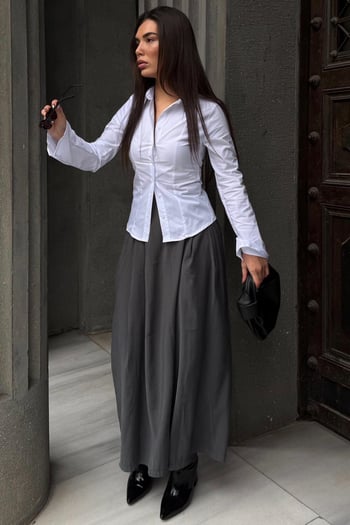 Antrasit Rahat Kesim Pileli Cepli Kadın Etek Pantolon MG2693