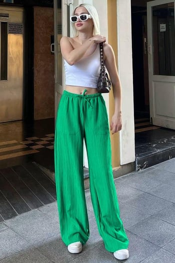 Yeşil Cepli Bol Paça Kadın Pantolon MG1882
