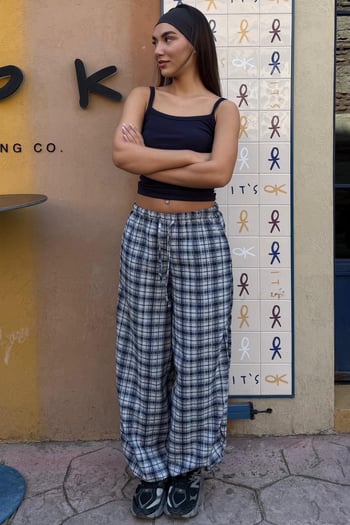 Lacivert Ekose Desenli Yüksek Bel Balon Fit Kadın Pantolon MG2726