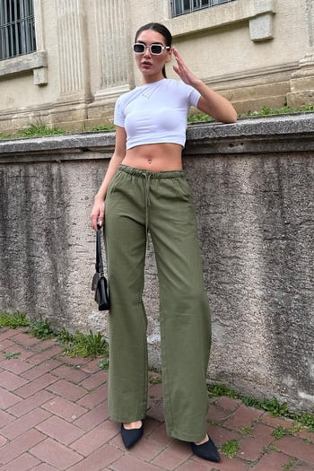 Haki Beli Büzgülü Wide Leg Kumaş Pantolon MG1950