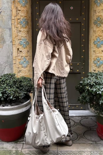 Bej Ekose Desenli Yüksek Bel Balon Fit Kadın Pantolon MG2726