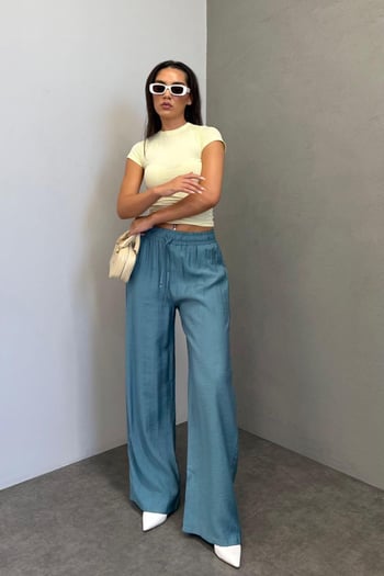 Petrol Mavisi Geniş Paça Kadın Pantolon MG1982