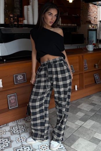 Füme Ekose Desenli Balon Fit Kadın Pantolon MG2686