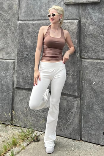 Ekru Beli Fitilli Yüksek Bel İspanyol Paça Pantolon MG2096