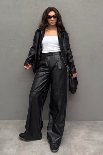 Siyah Palazzo Kadın Deri Pantolon MG2612