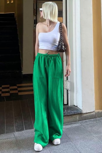 Yeşil Cepli Bol Paça Kadın Pantolon MG1882