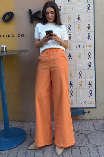 Turuncu Yüksek Bel Keten Wide Leg Pantolon MG2718