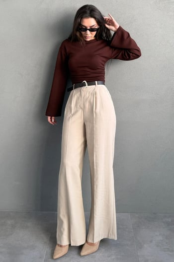 Vizon Yüksek Bel Pileli Kemerli Geniş Paça Kadın Pantolon MG2615