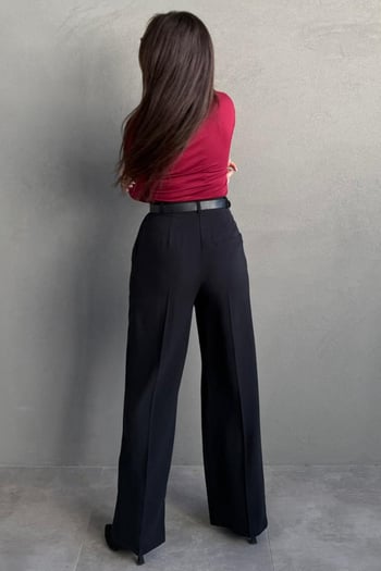 Siyah Yüksek Bel Pileli Kemerli Geniş Paça Kadın Pantolon MG2615