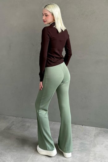 Mint Yeşili Yüksek Bel Flare Paça Şık Günlük Kadın Tayt MG2645
