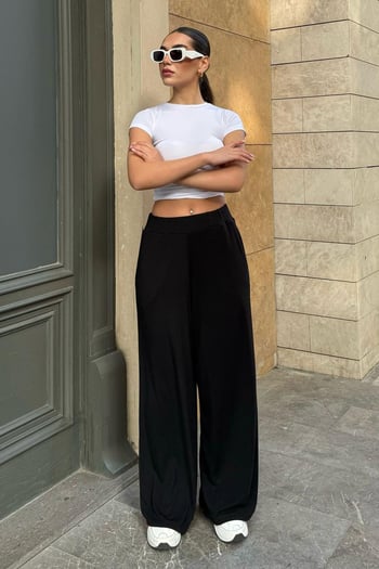 Siyah Yüksek Bel Rahat Kesim Geniş Paça Kadın Eşofman MG2309