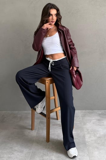Lacivert Çift Bel Bantlı Wide Leg Kadın Pantolon MG2551