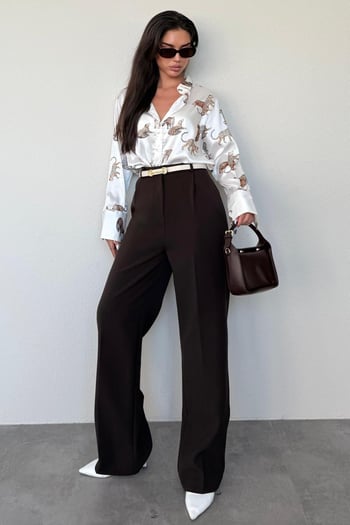 Kahverengi Yüksek Bel Kadın Palazzo Pantolon MG2506