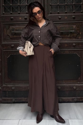 Kahverengi Rahat Kesim Pileli Cepli Kadın Etek Pantolon MG2693