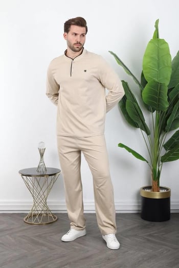 Bej %100 Pamuklu Düğmeli Yaka Erkek Pijama Takımı E7333