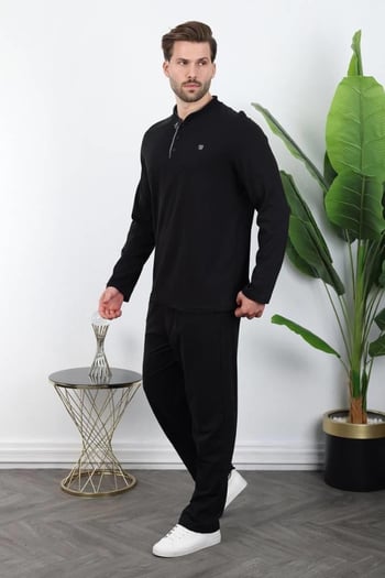 Siyah %100 Pamuklu Düğmeli Yaka Erkek Pijama Takımı E7333