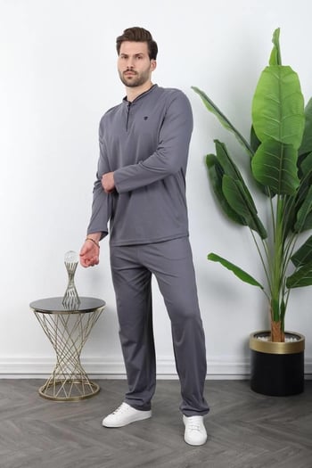 Füme %100 Pamuklu Düğmeli Yaka Erkek Pijama Takımı E7333