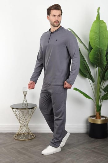 Füme %100 Pamuklu Düğmeli Yaka Erkek Pijama Takımı E7333