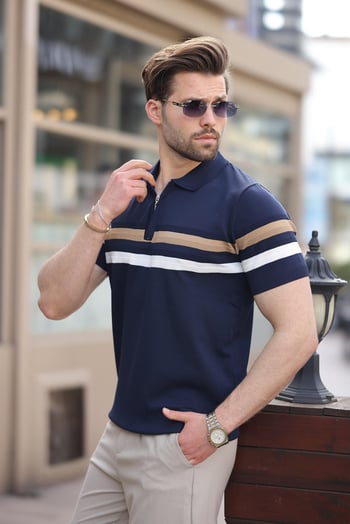 Lacivert Fermuarlı Polo Yaka Triko Erkek T-shirt E7299