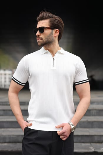 Madmext Erkek Beyaz Polo Yaka Fermuarlı Tişört 6876