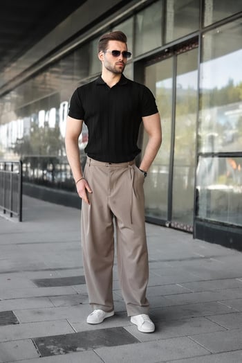 Siyah Slim Fit Polo Yaka Triko Erkek Tişört E7491