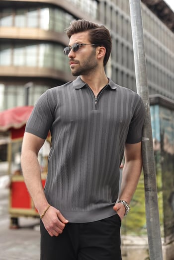 Antrasit Yarım Fermuarlı Polo Yaka Erkek Triko Tişört E7458