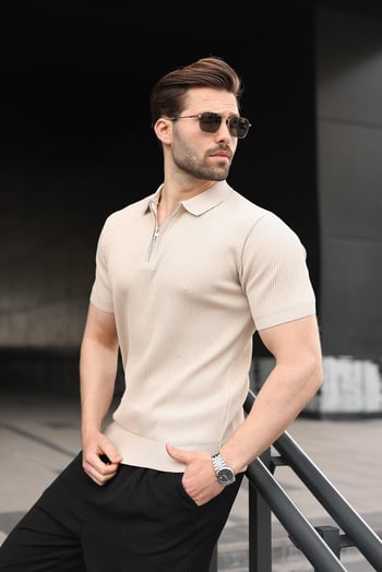 Taş Rengi Yarım Fermuar Detaylı Polo Yaka Triko Erkek Tişört E7492