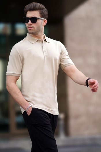 Bej Overfit Kısa Kollu Polo Yaka Erkek Tişört 7029