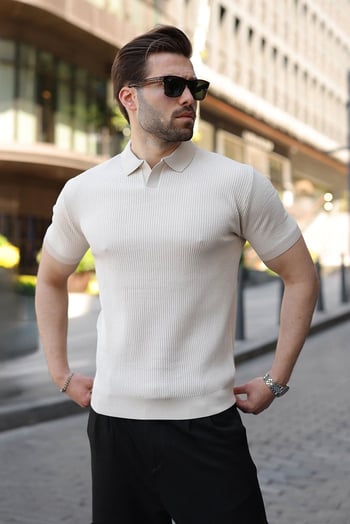 Bej Polo Yaka Regular Fit Erkek Triko Tişört E7496