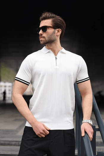 Madmext Erkek Beyaz Polo Yaka Fermuarlı Tişört 6876