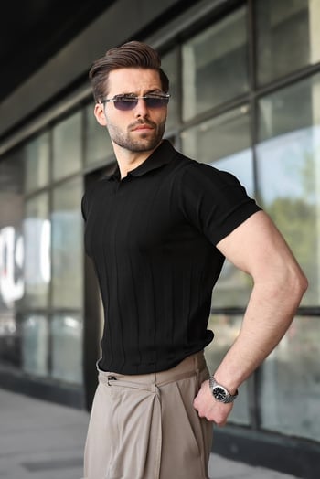 Siyah Slim Fit Polo Yaka Triko Erkek Tişört E7491