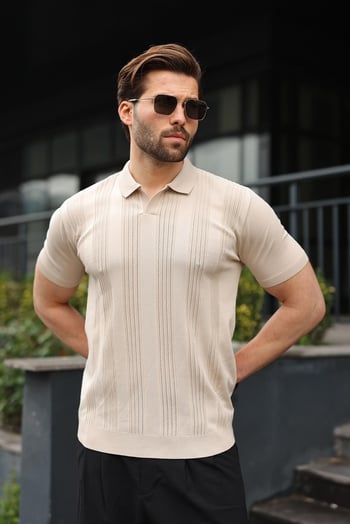 Taş Rengi Polo Yaka Triko Erkek Tişört E7469