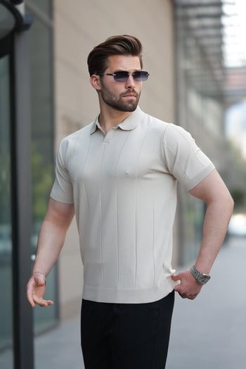 Bej Polo Yaka Triko Erkek Tişört E7417