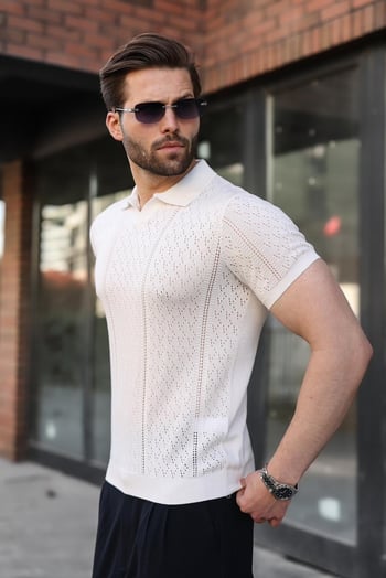 Beyaz Delikli Polo Yaka Erkek Triko Tişört E7495
