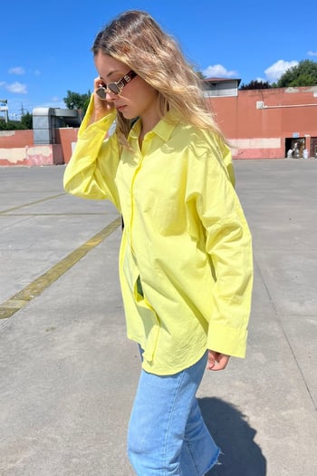 Sarı Oversize Basic Cepli Poplin Gömlek MG1530