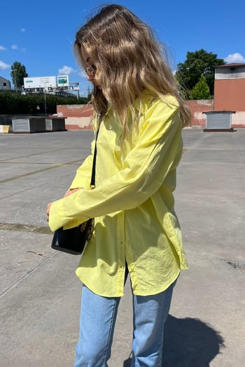 Sarı Oversize Basic Cepli Poplin Gömlek MG1530
