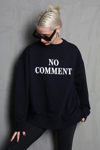 Siyah Bisiklet Yaka Baskılı Oversize Kadın Sweatshirt MG1902