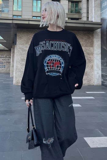 Siyah Bisiklet Yaka Baskılı Oversize Kadın Sweatshirt MG1588