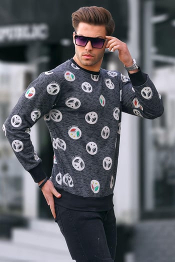Siyah Bisiklet Yaka Baskılı Sweatshirt 1707