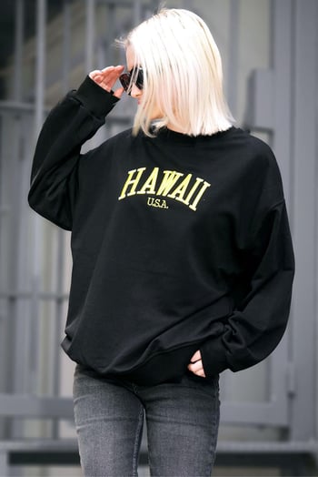 Siyah Bisiklet Yaka Baskılı Sweatshirt MG1922