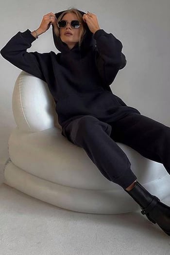 Siyah Kapüşonlu Oversize Kadın Eşofman Takımı MG1609
