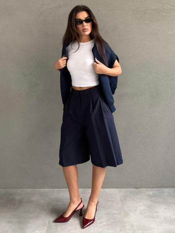 Lacivert Pileli Cepli Kadın Bermuda MG2620