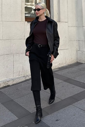 Siyah Yüksek Bel Kloş Kadın Bermuda Şort MG2590