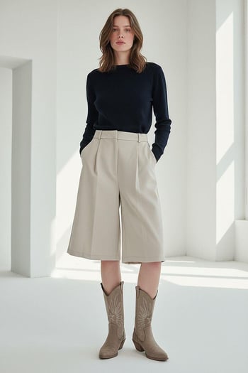 Taş Rengi Pileli Cepli Kadın Bermuda MG2620