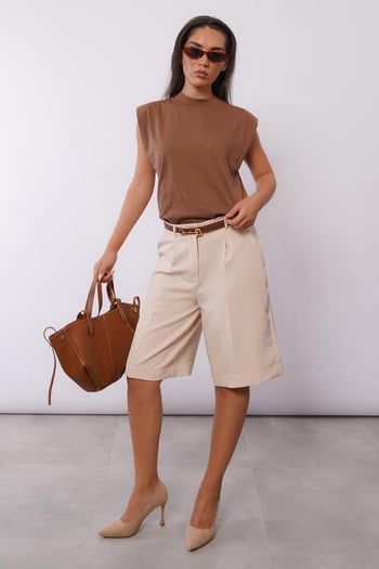 Bej Pileli Kadın Bermuda Şort Mg2483