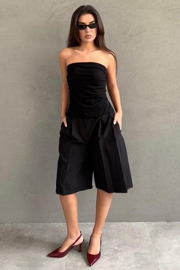 Siyah Pileli Cepli Kadın Bermuda MG2620