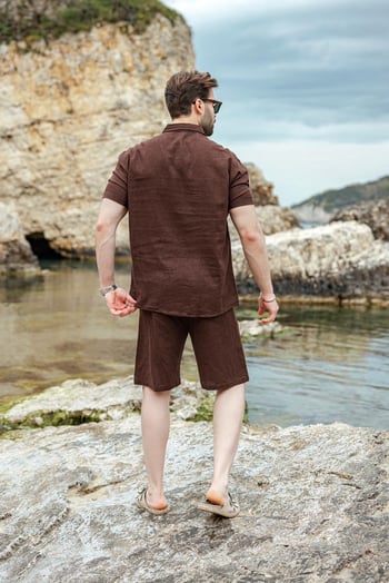 Acı Kahverengi Keten Görünümlü Relax Fit Erkek Gömlek Şort Takım E7364