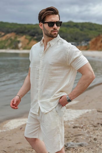 Ekru Keten Görünümlü Relax Fit Erkek Gömlek Şort Takım E7364