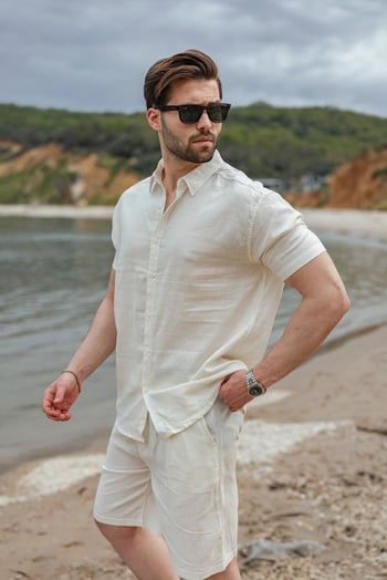 Ekru Keten Görünümlü Relax Fit Erkek Gömlek Şort Takım E7364