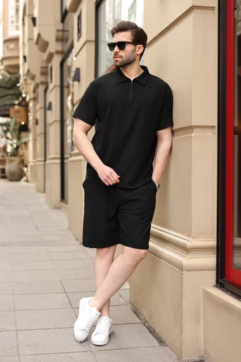 Siyah Polo Yaka T-shirt Şort Takım E7363